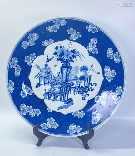 Lg Chinese 19 C Blue & White Porcelain Charger