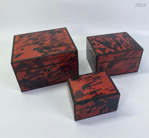 Set 3 Nesting Red Tortoise Veneer Hinged Boxes