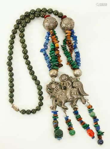 Chinese Hard Stone Bead & Silver Qilin Necklace