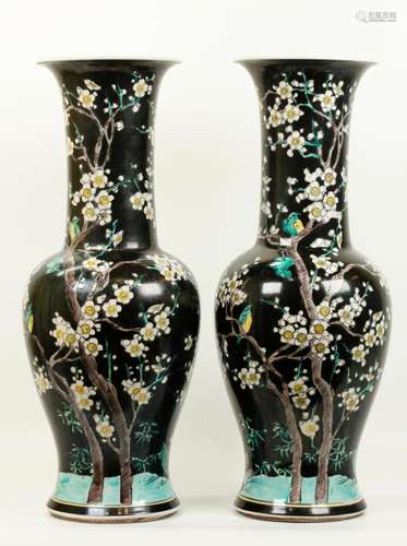 Pr Chinese Famille Noire Porcelain Prunus Vases