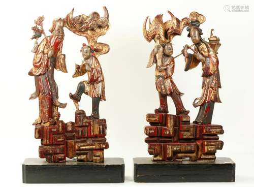 Pr Chinese 19 C Lacquered Wood Immortal Figures