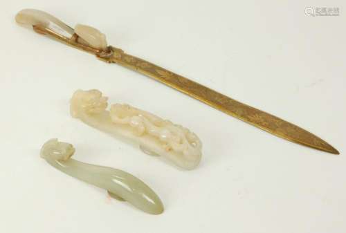 3 Chinese Qing Jade or Hard Stone Belt Hook
