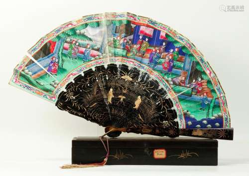 Chinese 19 C Lacquer Paper Silk Fan; Original Box