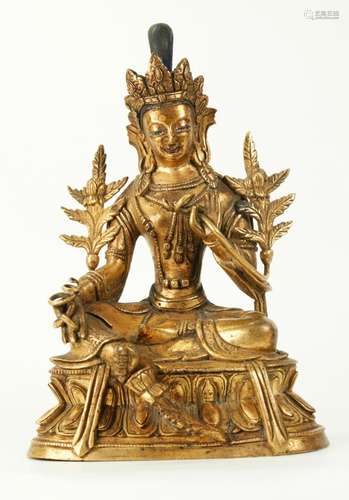 Tibetan 19th C.Gilt Bronze Green Tara Lotus Throne