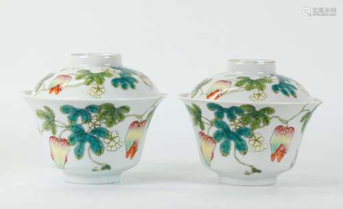 Pr Chinese Ivy Gourd Porcelain Teacups & Covers