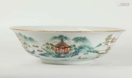 Chinese Famille Rose Porcelain Landscape Low Bowl