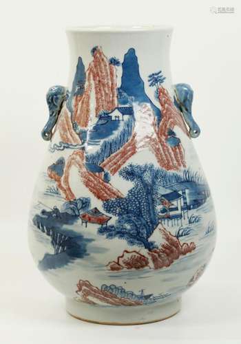 Chinese Red & Blue Porcelain Landscape Hu Vase