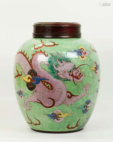 Lg Chinese 19C Dragon/Carp Porcelain Ginger Jar