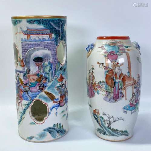 2 Chinese 19 C Enameled Porcelains Hat Stand Vase