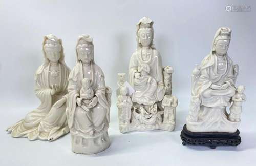 4 Chinese Qing Blanc de Chine Porcelain Guanyins