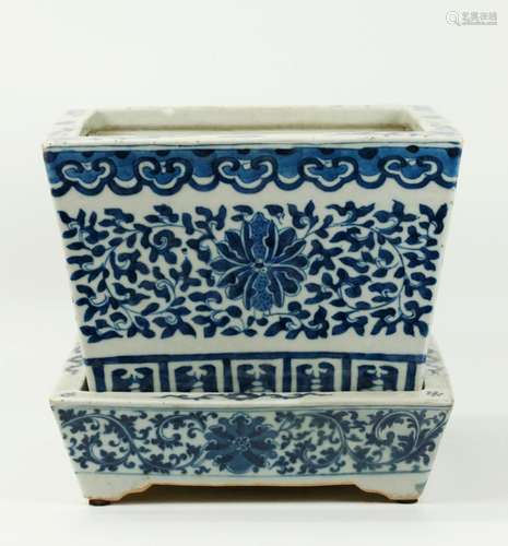 Chinese Blue White Porcelain Planter & Tray