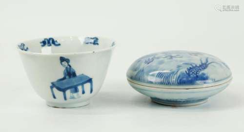 2 Chinese Blue & White Porcelains; Paste Box & Cup