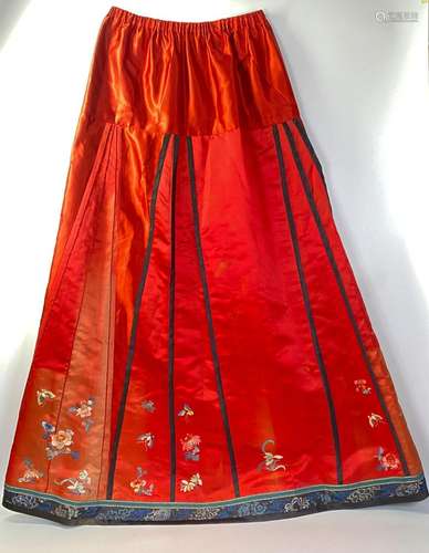 Chinese Red Satin Embroidered Panel Skirt