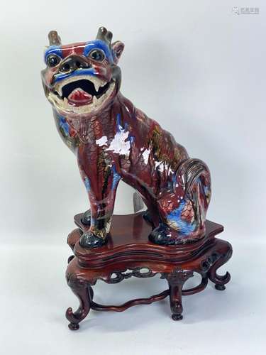 Chinese Red & Blue Glazed Porcelain Qilin & Stand