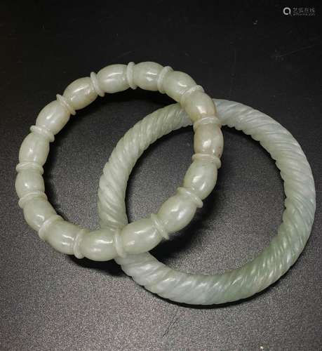 2 Chinese Jade Bangles; Rope & Lotus Root