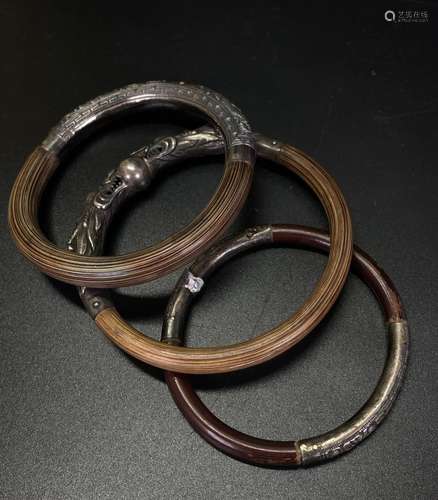 3 Chinese Silver & Bamboo Bangle Bracelets