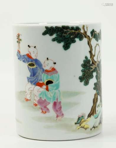 Chinese Famille Rose Porcelain "Boys" Brush Pot