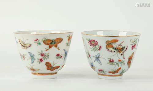 Pr Chinese Qing Flower & Butterfly Porcelain Cups