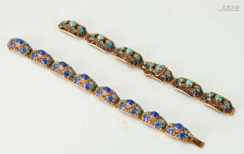 2 Chinese Gilt Silver Wire-Work & Enamel Bracelets