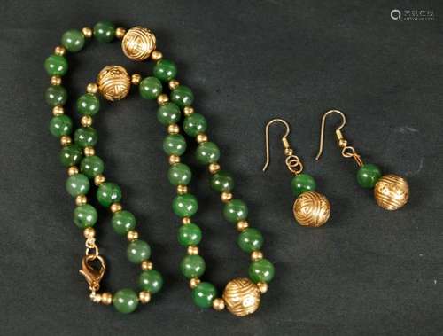 Chinese Green Jade Bead Necklace & Earrings