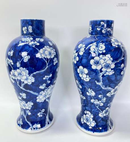 Pr Chinese Qing Blue White Porcelain Prunus Vases