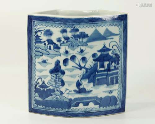 Chinese 19 C Blue White Porcelain Canton Brush Pot