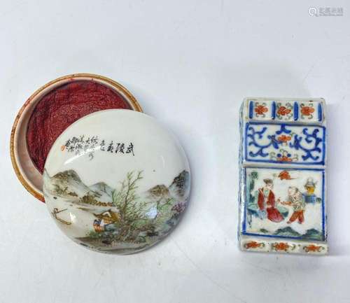 2 Chinese Porcelains Seal Paste Box Ink/Brush Rest