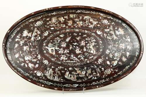 Fine Chinese 19th C Inlaid Hard Wood Oval Tray