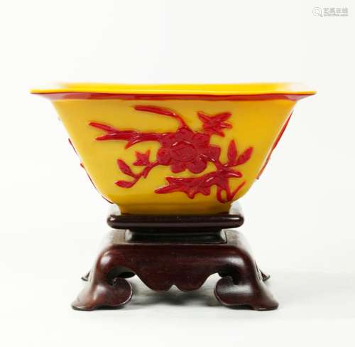 Chinese Peking Glass Yellow & Red Overlay Sq Bowl