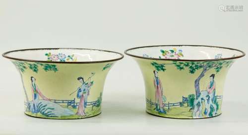 Pair Chinese Canton Enameled Flared Cache Pots