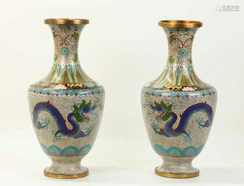 Pr Chinese Cloisonne & Gilt Bronze Dragon Vases