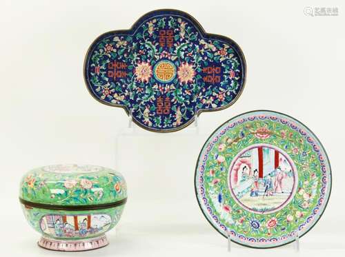 3 Chinese Canton Enamels; Tray Round Box Dish