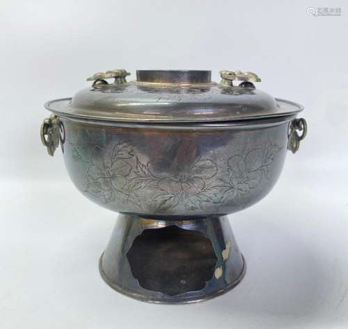 Korean Incised Silver 2 Part Hot Pot