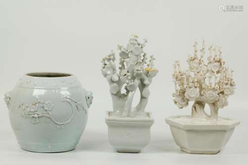 3 Chinese Blanc de Chine Porcelains; Trees Jar