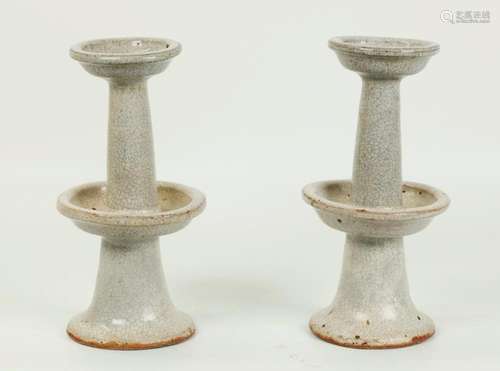 Pr Chinese White Crackle Tile Work Candle Sticks