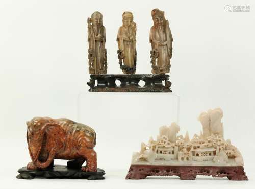 3 Chinese Shoushan Soapstones; Elephant Etc