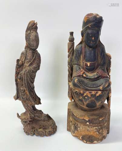 2 Chinese Qing Wood Figures; Bodhisattva & Guanyin