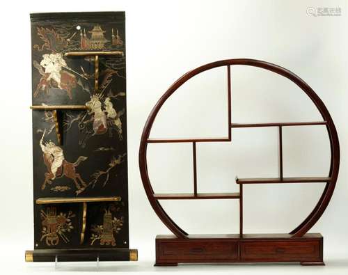 Chinese Wood Round Display; Lacquer Shelf