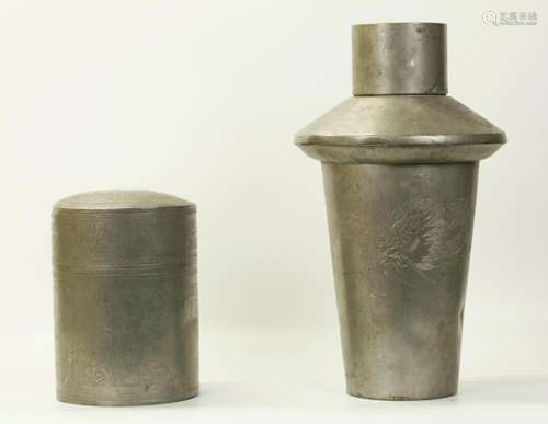 2 Large Chinese Incised Pewter Tea Caddies