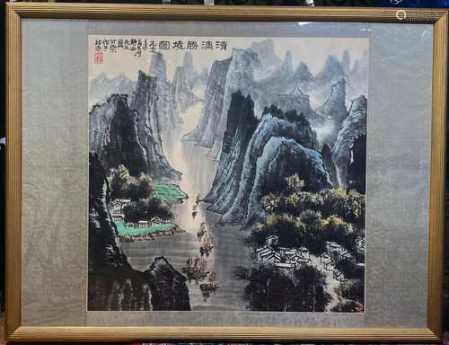 Chinese Ink & Colored Painting Boats in Gorge