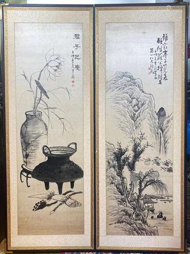 2 Chinese Ink Paintings on Silk as Double Screen