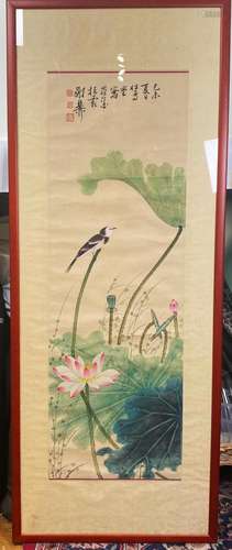 Chinese Ink & Color Painting on Paper Bird & Lotus