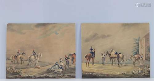 Paire d'aquarelles 18/19ème " cavaliers et chevaux&...