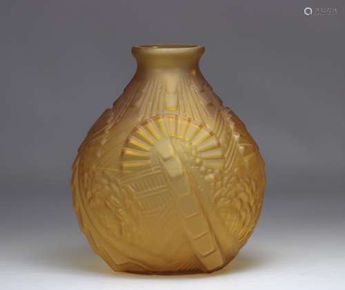 Vase boule Art Déco couleur Ocre satiné motifs géométri