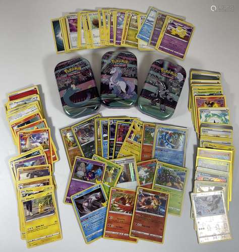 THREE TINS OF ASSORTED POKEMON CARDS, HOLOS ETC