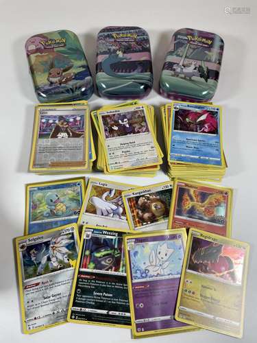 THREE TINS OF ASSORTED POKEMON CARDS, HOLOS SQUIRTLE, MOLTRE...