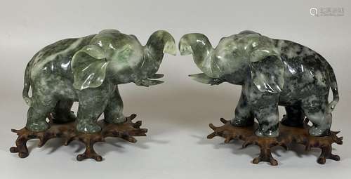 A PAIR OF CHINESE JADEITE / JADE HARDSTONE ELEPHANT MODELS O...