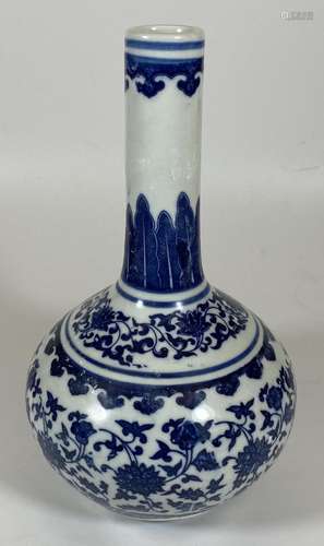 A QING STYLE CHINESE BLUE AND WHITE FLORAL BOTTLE VASE, QIAN...