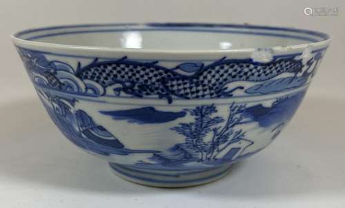 A 19TH CENTURY CHINESE KANGXI STYLE BLUE AND WHITE DRAGON DE...