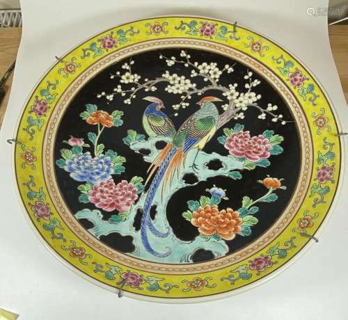 A LARGE CHINESE FAMILLE NOIRE CHARGER DECORATED WITH BIRD AN...